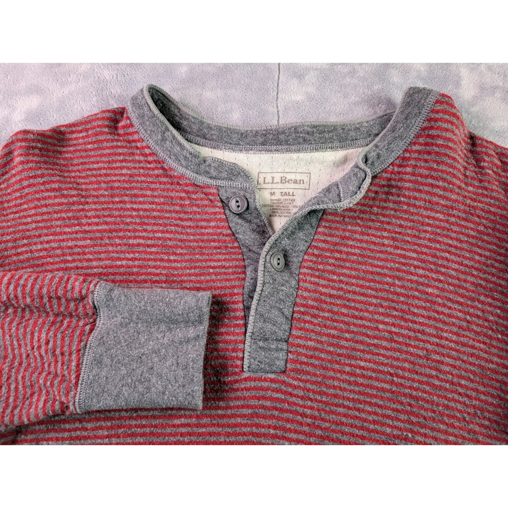 LL Bean Mens Henley Shirt Medium Tall Red Gray Striped Wool Blend 285149 Canada